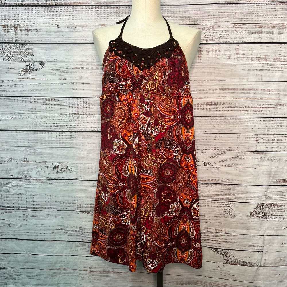 Heart Soul XL Y2K Style Halter Top Dress Orange Red Medallion Mandala